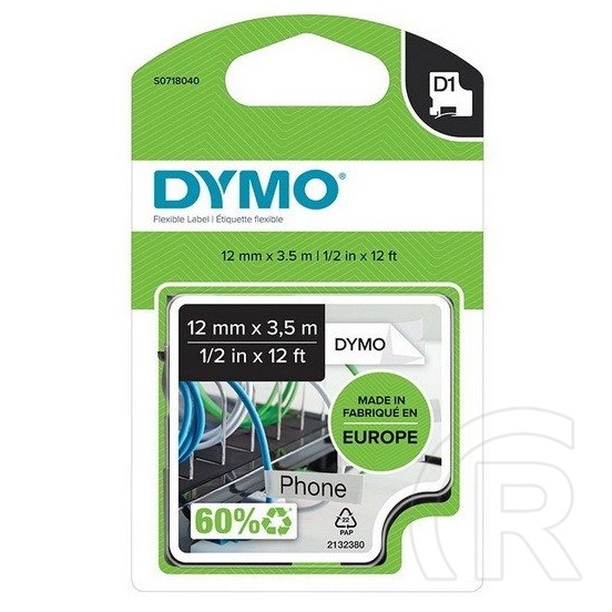 Dymo D1 kazetta flex 12mm, fekete/fehér