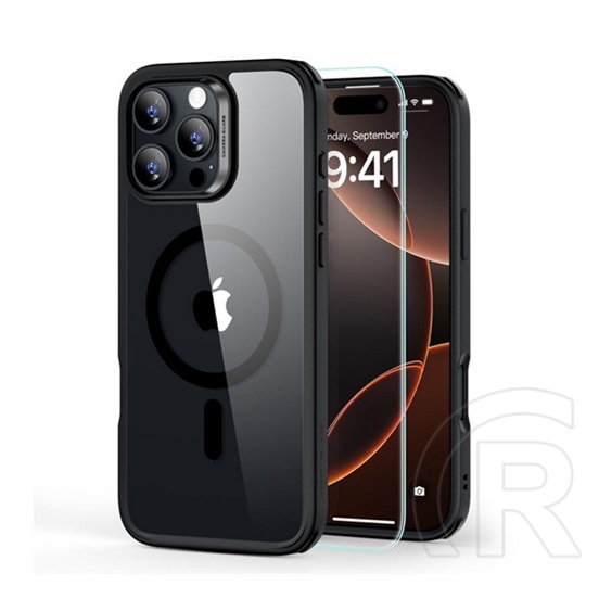 ESR Apple iPhone 16 Pro hybrid halolock szilikon védő (ütésálló, magsafe + képernyővédő üveg) átlátszó/fekete
