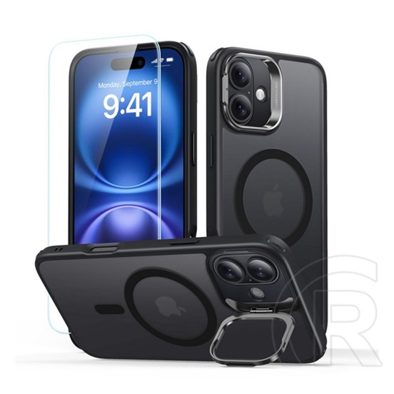 ESR Apple iPhone 16 classic hybrid szilikon védő (ütésállóság, kitámasztó, magsafe, matt + képernyővédő üveg) fekete