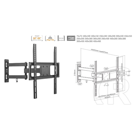 Equip Fali konzol (32"-55", dönthető, fekete)