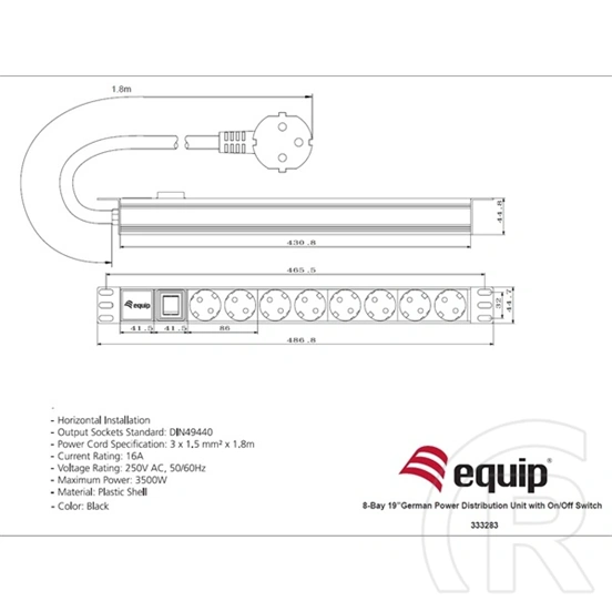 Equip PDU (CEE 7/7, 19", 1U, 8xSchuko, kapcsoló, 1,8 m)