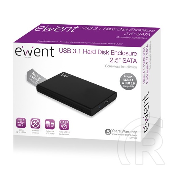 Ewent EW7040 screwless külső ház (2,5", SATA, USB 3.0, fekete)