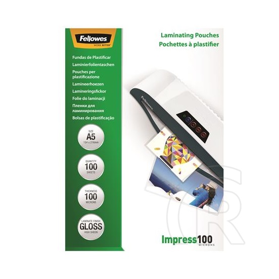 Fellowes meleglamináló fólia (100 db, A5, fényes, 100 mikron)