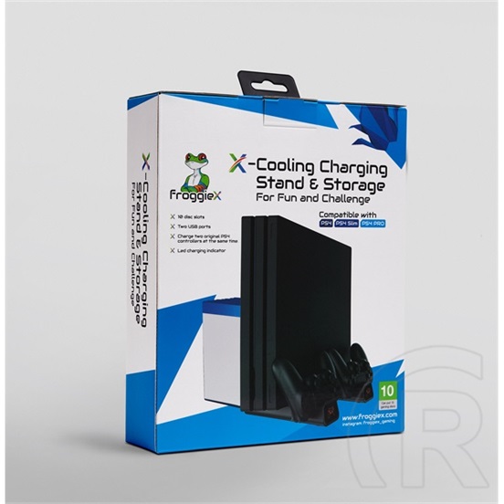 Froggiex PS4 konzol hűtő és töltőállomás (PS4/PS4 Slim/PS4 Pro kompatibilis, 2 kontroller töltésére, USB 5V/2A táp, 10 l