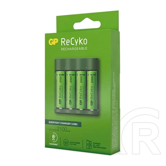 GP recyko akkutöltő (led jelzés, időzítő, 4xaa/aaa elem kompatibilis + 4db 2100mah aaa elem) sötétzöld