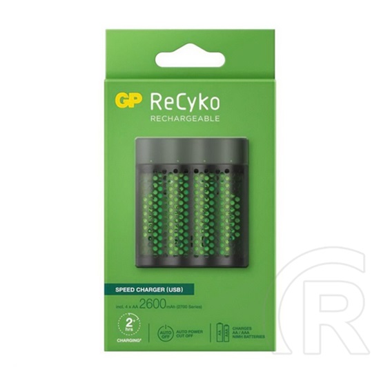 GP recyko akkutöltő (led jelzés, időzítő, 4xaa/aaa elem kompatibilis + 4db 2700mah aaa elem) fekete