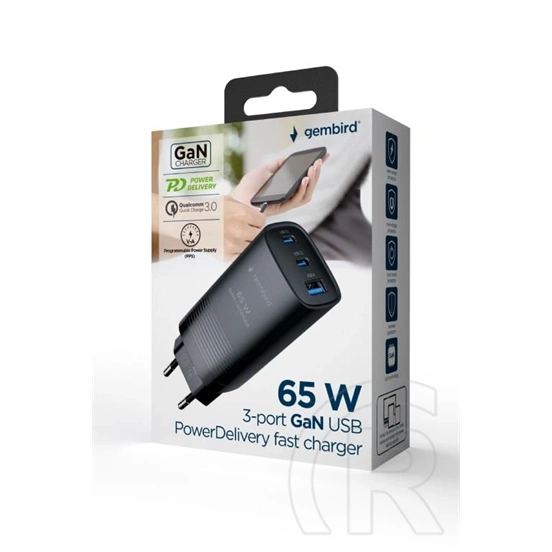 Gembird GaN hálózati töltő (USB-A + 2xUSB-C aljzat, 65W, fekete)