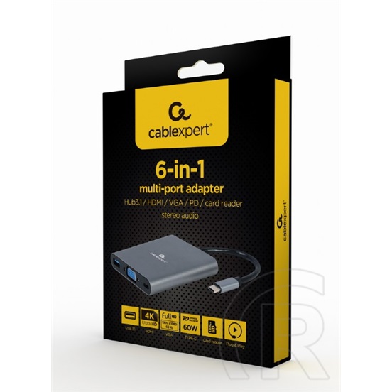 Gembird adapter USB-C HUB 6in1 (HDMI, VGA, USB, memóriakártya olvasó)