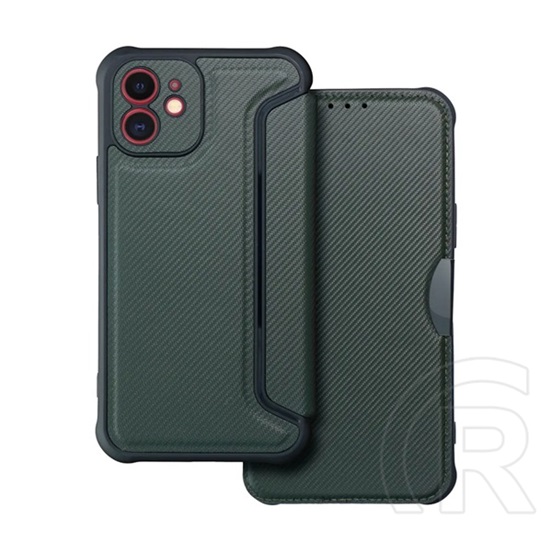 Gigapack Apple iPhone 12 tok álló, bőr hatású (flip, légpárnás sarok, kamera védelem, karbon minta) sötétzöld
