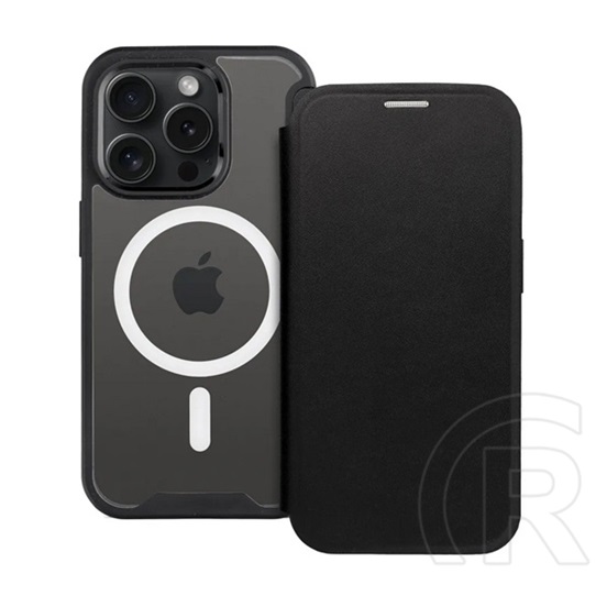 Gigapack Apple iPhone 15 Pro, bőr hatású (flip, kártyazseb, kameravédő, mágneses, átlátszó matt hátlap, magsafe) fekete