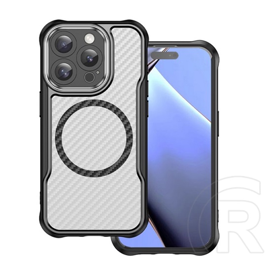 Gigapack Apple iPhone 15 Pro szilikon védő (ütésállóság, légpárnás sarok, kameravédő, karbon minta, magsafe) fekete