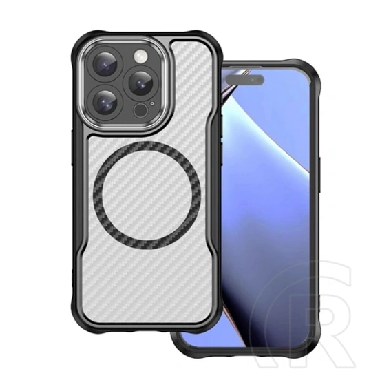 Gigapack Apple iPhone 16 Pro szilikon védő (ütésállóság, légpárnás sarok, kameravédő, karbon minta, magsafe) fekete
