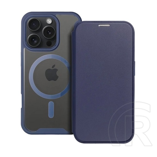 Gigapack Apple iPhone 16 tok álló, bőr hatású ( kameravédő, mágneses, átlátszó matt hátlap, magsafe) sötétkék