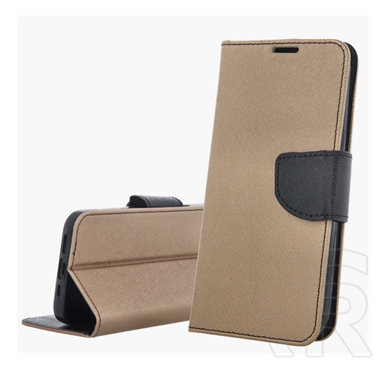 Gigapack Apple iPhone 16 tok álló, bőr hatású ( oldalra nyíló, asztali tartó, kártyazseb, textil hatás) arany/fekete