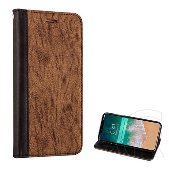 Gigapack Apple iPhone XS 5.8 tok álló (Flip, oldalra nyíló, nyakba akasztható, faerezet minta) barna