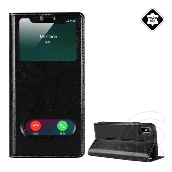 Gigapack Apple iPhone XS Max 6.5 tok álló, valódi bőr (Flip, oldalra nyíló, Dual View Window) fekete