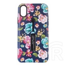 Gigapack Apple iPhone XS Max műanyag telefonvédő (asztali tartó funkció, ujjra húzható szilikon, virág minta, sötétkék)
