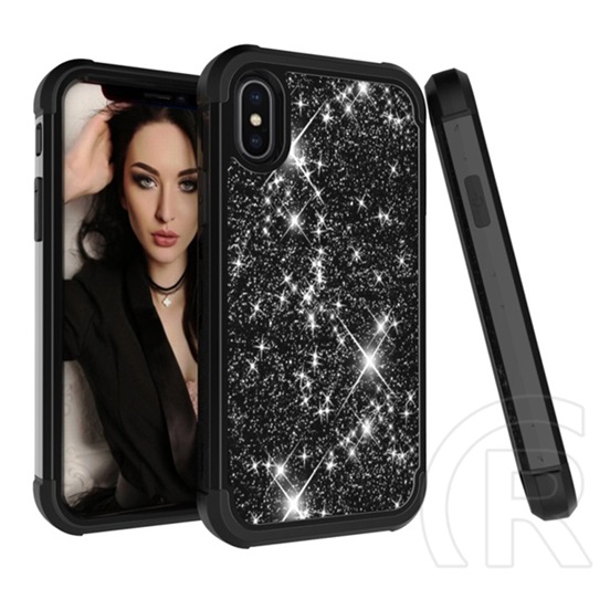 Gigapack Defender Apple iPhone XS Max 6.5" műanyag telefonvédő (közepesen ütésálló, műanyag keret, flitteres, fekete)