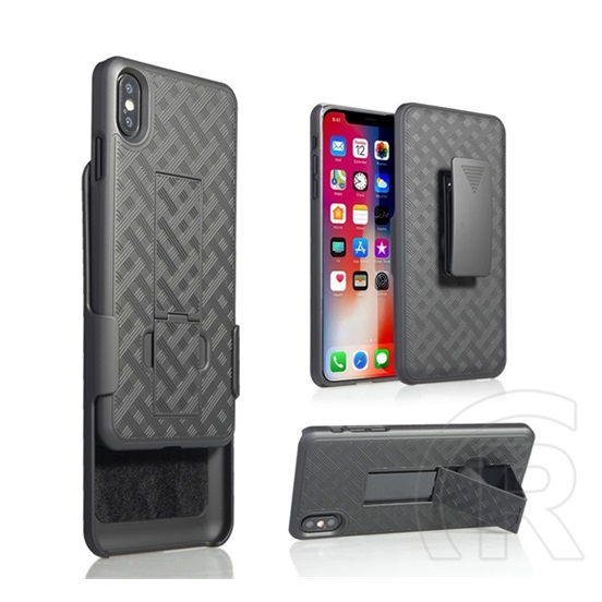 Gigapack Defender Apple iPhone XS Max műanyag telefonvédő 360° (közepesen ütésálló, asztali tartó, rács minta, fekete)