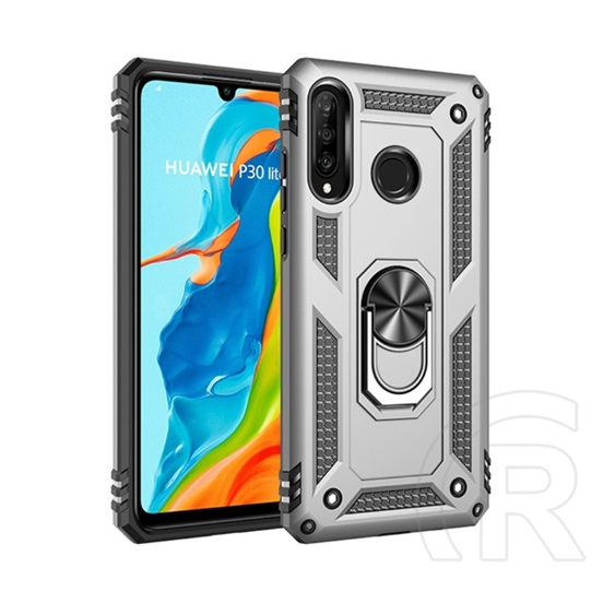 Gigapack Defender Huawei P30 Lite műanyag (közepesen ütésálló, telefontartó gyűrű, beépített fémlemez, ezüst)