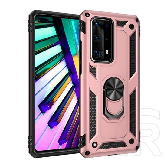 Gigapack Defender Huawei P40 műanyag (közepesen ütésálló, telefontartó gyűrű, beépített fémlemez, rozéarany)