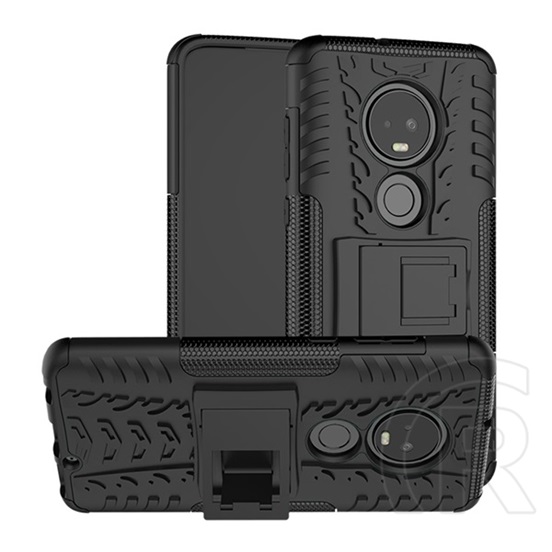 Gigapack Defender Motorola Moto G7 műanyag telefonvédő (közepesen ütésálló, kitámasztó, autógumi minta, fekete)