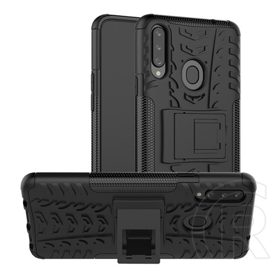 Gigapack Defender Samsung Galaxy A20s műanyag telefonvédő (közepesen ütésálló, kitámasztó, autógumi minta, fekete)