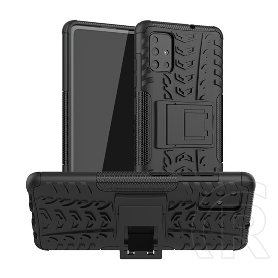 Gigapack Defender Samsung Galaxy A51 műanyag telefonvédő (közepesen ütésálló, kitámasztó, autógumi minta, fekete)