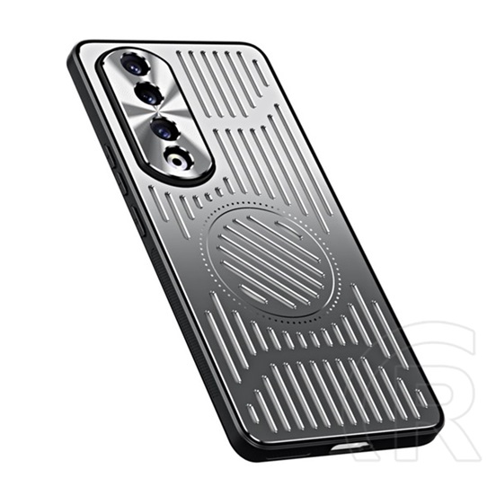 Gigapack Honor 90 5G szilikon védő (közepesen ütésálló, alumínium hátlap, mágneses, kamera védelem, csíkos minta) ezüst