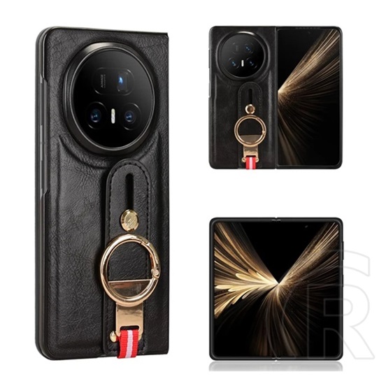 Gigapack Honor Magic V5 műanyag telefonvédő (bőr hatású hátlap, tartógyűrű, kitámasztó) fekete