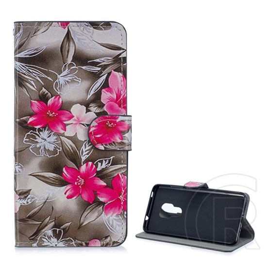 Gigapack Huawei Mate 20 tok álló (Flip, oldalra nyíló, rózsaszín virág minta) szürke