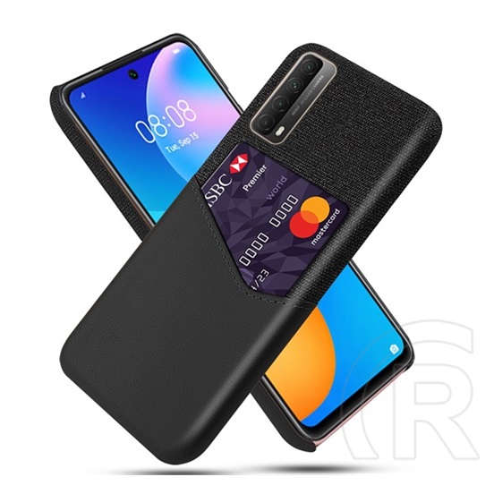 Gigapack Huawei P Smart (2021) műanyag telefonvédő (közepesen ütésálló, bankkártya tartó, textil bevonat hátlap) fekete