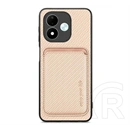 Gigapack Redmi Note 17 4G szilikon telefonvédő (ütésálló, bőr hatású hátlap, mágneses, kártyatartó, karbon minta) bézs