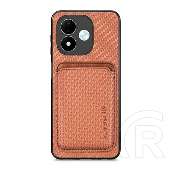 Gigapack Redmi Note 17 4G szilikon telefonvédő (ütésálló, bőr hatású, mágneses, kártyatartó, karbon minta) sötétbarna