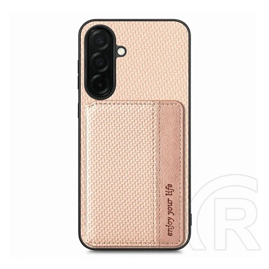 Gigapack Samsung A37 5G védő (ütésálló, bőr hatású hátlap, mágneses, kitámasztó, kártyatartó, rfid, karbon minta) bézs
