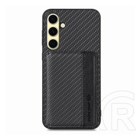 Gigapack Samsung A56 5G védő (ütésálló, bőr hatású hátlap, mágneses, kitámasztó, kártyatartó, rfid, karbon minta) fekete