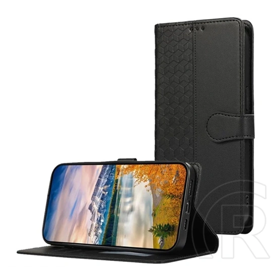Gigapack Samsung A57 5G tok álló, bőr hatású (flip, oldalra nyíló, asztali tartó, 3d rombusz, prémium + kézpánt) fekete