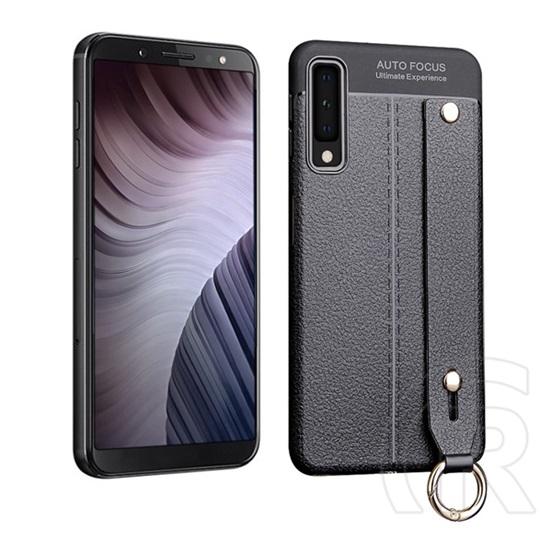 Gigapack Samsung Galaxy A7 (2018) Szilikon telefonvédő (asztali tartó funkció, bőr hatású, varrás minta, fekete)