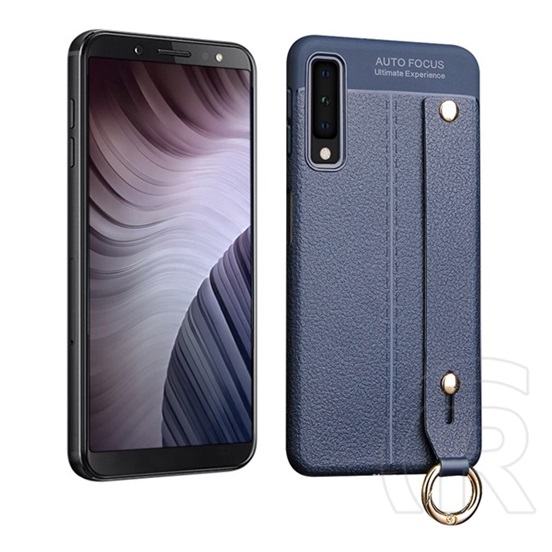 Gigapack Samsung Galaxy A7 (2018) Szilikon telefonvédő (asztali tartó funkció, bőr hatású, varrás minta, sötétkék)