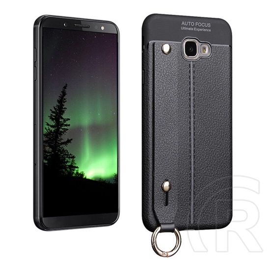 Gigapack Samsung Galaxy J4+ Szilikon telefonvédő (asztali tartó funkció, bőr hatású, varrás minta, fekete)