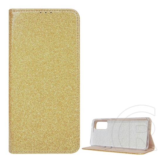 Gigapack Samsung Galaxy S20 (SM-G981U) tok álló (Flip, szilikon belső, oldalra nyíló, bankkártya tartó, csillogó) arany