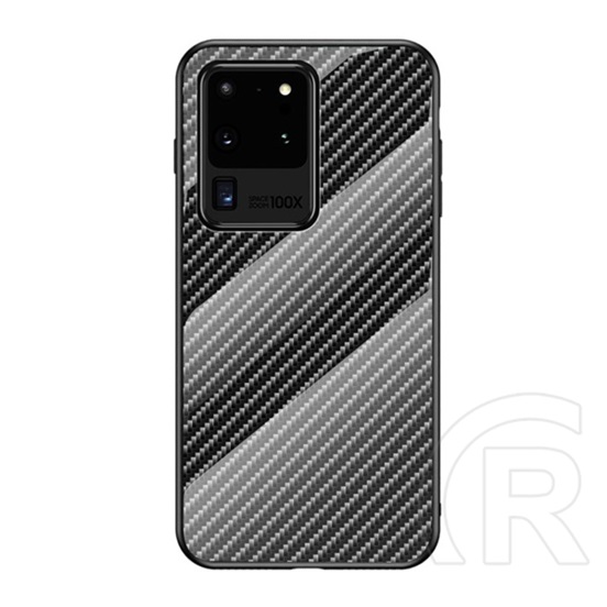 Gigapack Samsung Galaxy S20 Ultra 5G tok (BUMPER, edzett üveg hátlap, karbon minta, fekete)