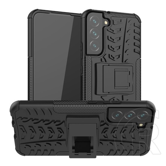Gigapack Samsung Galaxy S22 Plus 5G (SM-S906) műanyag védő (, belső, kitámasztó, autógumi minta) fekete