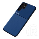 Gigapack Samsung Galaxy S22 Ultra 5G (SM-S908) műanyag védő (szilikon keret, bőr hatású hátlap, csíkos minta) sötétkék