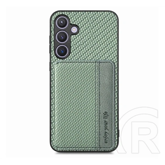 Gigapack Samsung S25 védő (ütésálló, bőr hatású hátlap, mágneses, kitámasztó, kártyatartó, rfid, karbon minta) sötétzöld