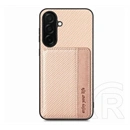 Gigapack Samsung S26 szilikon védő (ütésálló, bőr hatású hátlap, kitámasztó, kártyatartó, rfid, karbon minta) bézs