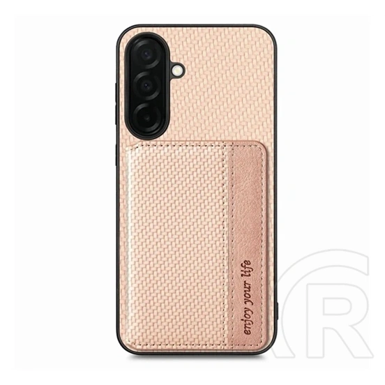 Gigapack Samsung S26 szilikon védő (ütésálló, bőr hatású hátlap, kitámasztó, kártyatartó, rfid, karbon minta) bézs