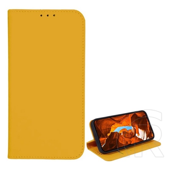 Gigapack T Phone 2 5G tok álló, bőr hatású (flip, oldalra nyíló, asztali tartó, kártyazseb, textil hatás) sárga