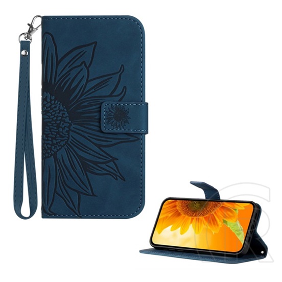 Gigapack T Phone 3 5G tok álló, bőr hatású (flip, asztali tartó, bankkártya tartó + kézpánt, napraforgó minta) sötétkék