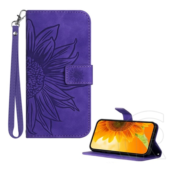 Gigapack T Phone 3 5G tok álló, bőr hatású (flip, asztali tartó, bankkártya tartó + kézpánt, napraforgó minta) sötétlila